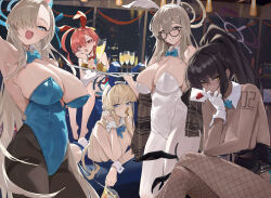  5girls akane_(blue_archive) akane_(bunny)_(blue_archive) animal_ears armpits asuna_(blue_archive) asuna_(bunny)_(blue_archive) barefoot black-framed_eyewear black_hair black_leotard black_pantyhose blonde_hair blue_archive blue_bow blue_eyes blue_hair blue_halo blue_leotard blush bow braid breasts brown_eyes card cleaning_&amp;_clearing_(blue_archive) cleavage cup dark-skinned_female dark_skin detached_collar drink duplicate fake_animal_ears fake_tail fishnet_pantyhose fishnets glasses gloves hair_between_eyes hair_over_one_eye halo highres holding holding_card holding_tray indoors karin_(blue_archive) karin_(bunny)_(blue_archive) large_breasts lemoneko leotard light_brown_hair long_hair looking_at_viewer medium_breasts mole mole_on_breast multicolored_hair multiple_girls neru_(blue_archive) neru_(bunny)_(blue_archive) official_alternate_costume open_mouth pantyhose playboy_bunny ponytail purple_halo rabbit_ears rabbit_tail red_eyes red_hair red_leotard single_braid small_breasts smile strapless strapless_leotard streaked_hair tail toki_(blue_archive) toki_(bunny)_(blue_archive) tray white_gloves white_leotard yellow_eyes  rating:Sensitive score:22 user:danbooru