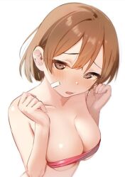  1girl bandaid bandaid_on_cheek bandaid_on_face bikini blush breasts brown_eyes brown_hair cleavage clenched_hands hair_between_eyes kantai_collection looking_at_viewer medium_breasts oboro_(kancolle) parted_lips pink_bikini sakieko short_hair simple_background solo strapless strapless_bikini swimsuit upper_body white_background 