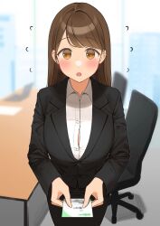  1girl :o black_suit blazer blurry blurry_background blush breasts brown_eyes brown_hair button_gap chair collared_shirt flying_sweatdrops formal highres jacket large_breasts long_hair long_sleeves looking_at_viewer office office_chair office_lady ol-chan_(ol_mahonanoka) ol_mahonanoka open_mouth original pencil_skirt reaching reaching_towards_viewer shirt skirt solo suit swept_bangs swivel_chair tareme white_shirt 