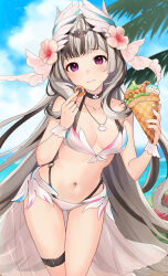  1girl alternate_costume bikini black_hair breasts choker feather_hair_ornament feathers fire_emblem fire_emblem_engage food gluteal_fold grey_hair hair_ornament haru_(nakajou-28) highres holding holding_food long_hair looking_at_viewer multicolored_hair navel nintendo petite purple_eyes small_breasts solo swimsuit two-tone_hair very_long_hair veyle_(fire_emblem) white_bikini  rating:Sensitive score:20 user:danbooru
