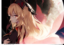 1girl absurdres artist_name backlighting black_dress black_headwear blonde_hair breast_hold breasts chinese_clothes closed_mouth cover dress fingernails from_side full_moon hair_between_eyes headwear_request highres junko_(touhou) ke-ta lips long_hair long_sleeves looking_at_viewer moon night non-web_source outdoors red_eyes red_moon sidelocks smile solo tabard tassel touhou translation_request upper_body very_long_hair wide_sleeves rating:Sensitive score:9 user:danbooru