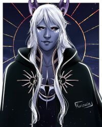  1boy aaravos_(the_dragon_prince) artist_name black_sclera colored_sclera colored_skin crxsszeria diamond_facial_mark elf gold_trim grey_skin hair_between_eyes hood hood_down horns long_hair looking_at_viewer male_focus pointy_ears solo the_dragon_prince upper_body white_hair yellow_eyes 