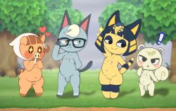  ! 2boys 2girls :&lt; adjusting_eyewear animal_crossing animal_ears ankha_(animal_crossing) arm_up arms_behind_head black-framed_eyewear blue_hair blunt_bangs blush_stickers brown_eyes cat_boy cat_ears cat_girl cat_tail cleft_of_venus closed_mouth completely_nude daisy_mae_(animal_crossing) flat_chest full_body furry furry_female furry_male glasses grass green_eyes hands_on_own_cheeks hands_on_own_face heart heterochromia highres jitome marshal_(animal_crossing) multiple_boys multiple_girls navel nintendo nipples nude outdoors penis pig_ears pig_girl pig_snout pig_tail plump pussy raymond_(animal_crossing) short_hair smile snot squirrel_boy squirrel_ears squirrel_tail standing star-shaped_pupils star_(symbol) symbol-shaped_pupils tail team_pervy testicles thick_thighs thighs tree uncensored wide_hips  rating:Explicit score:84 user:MonsieurCinq