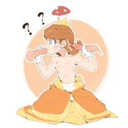  1girl 2boys ? @_@ breasts brown_hair confused crown cum cum_in_mouth dress earrings ejaculation gloves handjob highres jewelry mario_(series) multiple_boys mushroom nintendo nipples oral orange_background orange_dress penis princess_daisy small_breasts super_mario_land uncensored white_background white_gloves youjo_modoki  rating:Explicit score:281 user:JustYourRegularLolicon