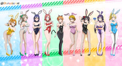  6+girls :3 absurdres animal_ears arm_under_breasts armpits arms_behind_head arms_up artist_name ayase_eli bare_shoulders black_bow black_hair blonde_hair blue_eyes blue_hair blush bow breasts brown_eyes brown_hair card cat_ears cat_tail cleavage closed_mouth covered_navel crossed_arms dorsalec earrings embarrassed fishnets frown glasses green_bow green_eyes grey_hair grin hair_bow hair_ornament hair_scrunchie hairclip hand_on_own_chest hand_on_own_face highres holding holding_card hoshizora_rin jewelry koizumi_hanayo kosaka_honoka large_breasts leotard lipstick long_hair looking_at_viewer love_live! love_live!_school_idol_project makeup medium_breasts medium_hair minami_kotori multicolored_background multiple_girls nishikino_maki one_eye_closed open_mouth orange_hair parted_lips pink_bow playboy_bunny ponytail purple_bow purple_eyes purple_hair rabbit_ears rabbit_tail red_bow red_eyes red_hair scrunchie short_hair side_ponytail small_breasts smile sonoda_umi standing stud_earrings tail teeth thighhighs tojo_nozomi twintails waving wink yazawa_nico yellow_bow yellow_eyes 