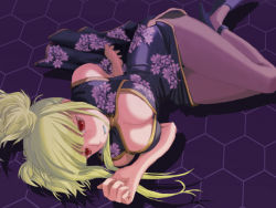  10s 1girl alternate_costume amane_kk aoki_hagane_no_arpeggio blonde_hair breasts china_dress chinese_clothes cleavage cleavage_cutout clothing_cutout dress kongou_(aoki_hagane_no_arpeggio) large_breasts long_hair lying on_side pantyhose red_eyes short_hair_with_long_locks short_twintails solo twintails 