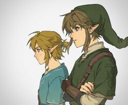  2boys animal_ears aqua_tunic armor blonde_hair blue_eyes chainmail crossed_arms facing_to_the_side green_hat green_tunic hair_between_eyes hat inbagzlzl light_blush link male_focus multiple_boys nintendo pointy_ears pointy_hat ponytail shirt short_hair sidelocks the_legend_of_zelda the_legend_of_zelda:_breath_of_the_wild the_legend_of_zelda:_twilight_princess vambraces white_shirt 