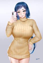 1girl artist_name blue_hair breasts cellphone closed_mouth commentary commentary_request cowboy_shot easonx english_commentary eyelashes gradient_background green_eyes hand_up highres holding holding_phone iori_rinko large_breasts long_hair long_sleeves mixed-language_commentary phone ribbed_sweater smartphone smile solo standing sweater turtleneck turtleneck_sweater very_long_hair yellow_sweater rating:Sensitive score:50 user:danbooru