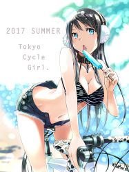  1girl 2017 ass belt bent_over bicycle bikini bikini_top_only black_bikini black_hair blue_eyes blue_shorts breasts butt_crack cleavage collar collarbone downpants earmuffs food hair_between_eyes large_breasts long_hair looking_at_viewer midriff navel no_panties open_clothes open_fly open_mouth open_shorts original popsicle riding short_shorts shorts solo stomach striped_bikini striped_bikini_top striped_clothes summer swimsuit tongue tongue_out wadapen 