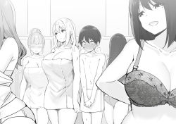 1boy 2080ti-kun_(sky_(freedom)) 5girls age_difference arms_behind_back bare_shoulders blush bra breasts cleavage closed_mouth cowboy_shot earrings embarrassed full-face_blush greyscale hair_bun hands_together harem hetero indoors jewelry lace lace_bra large_breasts legs locker locker_room long_hair looking_down looking_to_the_side mole mole_onee-san_(sky_(freedom)) mole_under_eye monochrome multiple_girls naked_towel navel no_eyes open_mouth original panties parted_lips short_hair shota single_hair_bun sky-freedom smile standing teenage_girl_and_younger_boy thighs topless towel underwear undressing yui_(sky-freedom) rating:Questionable score:328 user:Kentabarou