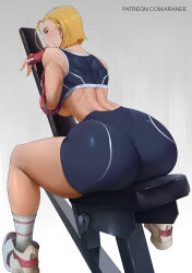  1girl araneesama ass back bare_shoulders bike_shorts blonde_hair blue_eyes breasts cammy_white curvy gloves highres huge_ass large_breasts looking_at_viewer shoes short_hair sitting sneakers solo sports_bra street_fighter street_fighter_6 thighs wide_hips  rating:Sensitive score:29 user:danbooru