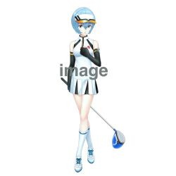 1girl alternate_costume ayanami_rei bare_legs blue_hair breasts elbow_gloves fingerless_gloves full_body gloves golf golf_club highres interface_headset looking_at_viewer medium_breasts neon_genesis_evangelion official_alternate_costume official_art red_eyes shironeko_project short_hair simple_background skirt smile solo two_side_up white_background white_skirt wide_hips
