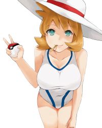 1girl blue_eyes blush breasts cleavage collarbone covered_navel cowboy_shot creatures_(company) food food_in_mouth game_freak gym_leader hat highres ice_cream j@ck large_breasts leaning_forward looking_at_viewer misty_(pokemon) nintendo one-piece_swimsuit orange_hair poke_ball poke_ball_(basic) pokemon pokemon_hgss popsicle_stick short_hair smile solo sun_hat swimsuit thighs v white_hat white_one-piece_swimsuit rating:Sensitive score:61 user:danbooru