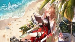  1girl animal_ears arknights ascot bare_shoulders beach beach_chair black_bridal_gauntlets black_gloves book breasts bridal_gauntlets cleavage closed_mouth commentary_request day from_above gloves hair_between_eyes high_heels highres holding holding_book kim_eb large_breasts long_hair ocean official_art open_book outdoors palm_leaf palm_tree pink_eyes pink_hair pozyomka_(arknights) reading red_skirt single_bridal_gauntlet single_glove sitting skirt solo starfish tree unworn_footwear white_ascot wolf_ears wolf_girl 