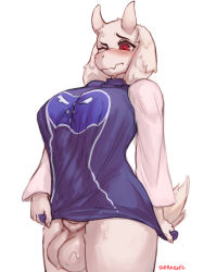  1futa alternate_breast_size animal_ears arm_behind_back blush body_fur breasts closed_mouth covered_erect_nipples cowboy_shot dress dress_tug embarrassed erection fangs furry furry_female futanari goat_ears goat_girl goat_horns goat_tail highres horns huge_breasts huge_penis large_testicles long_sleeves looking_down navel no_panties nose_blush one_eye_closed penis purple_sleeves raglan_sleeves red_eyes seraziel short_dress simple_background skin_fangs snout solo standing stomach sweat testicles thick_thighs thighs toriel uncensored undersized_clothes undertale wavy_mouth white_background white_fur white_horns wide_hips wince  rating:Explicit score:199 user:AngryZapdos