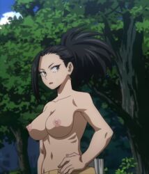  1girl black_eyes black_hair boku_no_hero_academia breasts forest hand_on_own_hip large_breasts long_hair nature navel nipples nude nude_filter ponytail screencap solo standing third-party_edit tree yaoyorozu_momo 