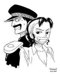  1boy 1girl artist_name back-to-back bellemere black_hair cigarette dated facial_hair genzo_(one_piece) greyscale grin hat long_hair low_ponytail lowres mohawk monochrome mustache one_piece ponytail short_hair simple_background smile teeth tmszhu uniform  rating:General score:6 user:danbooru