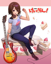 1girl absurdres blue_goose blue_pants brown_eyes brown_footwear brown_hair cake cake_slice collarbone commentary copyright_name cross-laced_footwear electric_guitar food fruit full_body guitar hair_over_one_eye highres hirasawa_yui holding holding_food holding_fruit instrument k-on! listen!! looking_at_viewer medium_hair multicolored_background open_mouth pants pink_background short_sleeves sitting solo strawberry strawberry_shortcake white_background 
