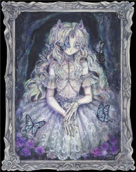  1girl acrylic_paint_(medium) animal_ears bare_shoulders bug butterfly butterfly_over_eye commentary_request dress expressionless flat_chest flower highres horns insect long_hair looking_at_viewer original painting_(medium) pale_skin picture_frame purple_flower purple_rose rose single_horn solo sumire_shisei traditional_media unicorn_horn wavy_hair white_dress white_eyes white_hair 