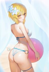  1girl absurdres ass ball bare_arms bare_shoulders beach beachball bikini blonde_hair blush breasts closed_mouth commentary_request cowboy_shot day fallen_down flower from_side genshin_impact hair_between_eyes hair_flower hair_ornament halterneck highres holding holding_ball innertube large_breasts looking_at_viewer looking_back lumen_re lumine_(genshin_impact) o-ring o-ring_bikini ocean outdoors paimon_(genshin_impact) sand shore short_hair short_hair_with_long_locks skindentation smile solo solo_focus swim_ring swimsuit thigh_strap white_bikini white_flower yellow_eyes  rating:Sensitive score:39 user:danbooru