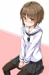  1girl between_legs black_neckerchief black_pantyhose black_shirt blush bob_cut breasts brown_eyes brown_hair closed_mouth collarbone commentary_request feet_out_of_frame hand_between_legs kuresuku_(lessons) light_frown long_sleeves looking_to_the_side miniskirt neckerchief nose_blush original pantyhose pink_background pleated_skirt sailor_collar school_uniform shirt short_hair sidelocks sideways_glance simple_background sitting skirt small_breasts solo thick_eyelashes two-tone_background v_arms white_background white_sailor_collar white_shirt 