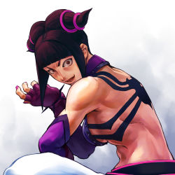  1girl bare_back bare_shoulders black_hair breasts capcom crazy_eyes detached_sleeves drill_hair elbow_gloves fingerless_gloves gloves halterneck halterneck han_juri lips looking_at_viewer medium_breasts muscular red_eyes short_hair sideboob simulex solo street_fighter street_fighter_iv_(series) twin_drills twintails white_background 