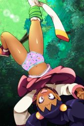  1girl big_hair black_hair blush bow bow_panties brown_eyes camisole character_print charizard clothes_lift creatures_(company) dark-skinned_female dark_skin day embarrassed euf-dreamer eyelashes female_focus flat_chest flygon forest full_body game_freak garchomp gen_1_pokemon gen_2_pokemon gen_3_pokemon gen_4_pokemon gen_5_pokemon gen_6_pokemon gym_leader hair_bobbles hair_ornament hanging_from_tree highres hydreigon iris_(pokemon) legendary_pokemon legs loli long_hair long_sleeves looking_down lugia nature navel neck nintendo noivern open_mouth outdoors panties pants pants_around_one_leg pink_panties pokemon pokemon_(creature) pokemon_bw pokemon_print print_panties ribbon_panties salamence shirt_lift shoes sneakers sunlight sweatdrop thighs tree two-tone_panties two-tone_shirt underwear unworn_pants upside-down v-neck very_long_hair white_camisole wide_sleeves  rating:Questionable score:212 user:MAKUTAKARZAHNI