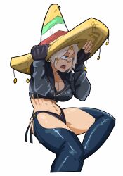  1girl angel_(kof) backless_pants blue_eyes bra breasts chaps cleavage crop_top cropped_jacket fingerless_gloves gloves hair_over_one_eye hat highres jacket large_breasts leather leather_jacket lulu_g_jantes mexican_flag mexico midriff navel panties pants short_hair snk solo sombrero strapless strapless_bra the_king_of_fighters the_king_of_fighters_xiv toned underwear white_hair  rating:Sensitive score:13 user:danbooru