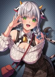  1girl :d absurdres animal_ears animal_print arm_behind_back bag bare_shoulders bell black_skirt blue_bow bow braid breasts chameleon_(chameleon0613) commentary_request cow_ears cow_horns cow_print cow_tail green_eyes grey_hair hair_bow hand_up highres hololive horns large_breasts looking_at_viewer medium_hair neck_bell off-shoulder_sweater off_shoulder official_alternate_costume open_mouth shirogane_noel shirogane_noel_(casual) shoulder_bag simple_background skirt smile solo sweater tail tail_bow tail_ornament teeth upper_teeth_only virtual_youtuber white_background white_sweater 