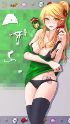  2girls at2. blonde_hair blush breasts brown_eyes chibi cleavage condom condom_wrapper creeper cupa_(at2.) green_shirt highres holding holding_condom large_breasts lips long_hair looking_at_viewer minecraft multiple_girls original parted_lips personification ponytail saliva sex_toy shirt smile thighhighs undressing vibrator vibrator_in_thighhighs  rating:Questionable score:31 user:danbooru