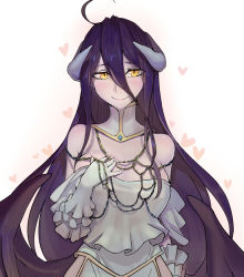  1girl ahoge albedo_(overlord) bare_shoulders black_hair blush breasts chain cleavage demon_girl detached_collar gloves hair_between_eyes hand_on_own_chest heart hip_vent horns large_breasts long_hair looking_at_viewer overlord_(maruyama) simple_background slit_pupils smile solo very_long_hair walzrj white_background white_gloves yellow_eyes  rating:Sensitive score:48 user:danbooru