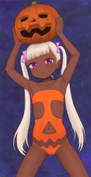  1girl :o arms_up blush bow cameltoe dark-skinned_female dark_skin female_focus flat_chest hair_bow halloween highres jack-o&#039;-lantern loli looking_at_viewer navel night nitera1041 object_on_head omodaka_(nitera1041) original pink_bow purple_eyes ribs sky solo star_(sky) starry_sky twintails  rating:Questionable score:119 user:romantic_colors