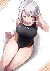  1girl adjusting_hair arm_up armpits artist_name black_one-piece_swimsuit breasts chestnut_mouth competition_swimsuit from_above grey_hair highres light_blush medium_breasts nishisaki_fuyuka on_floor one-piece_swimsuit orange_eyes original short_hair short_hair_with_long_locks showhey!! sitting solo swimsuit thighs wet white_background 