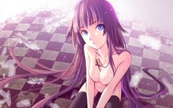  00s 1girl as109 bad_id bad_pixiv_id bakemonogatari between_breasts black_thighhighs blue_eyes blunt_bangs breasts breasts_squeezed_together checkered_floor cleavage cross feathers floor hair_spread_out head_tilt highres jewelry long_hair looking_at_viewer medium_breasts monogatari_(series) necklace nude parted_lips perspective purple_hair senjougahara_hitagi sitting solo thighhighs v_arms  rating:Questionable score:118 user:danbooru