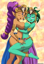  2girls arabian_clothes ass belly_dancer blue_eyes breast_press breasts chaosknight_1 colored_skin green_hair green_skin hand_on_another&#039;s_ass highres hug jewelry large_breasts licking_lips long_hair looking_at_viewer multiple_girls naughty_face one_eye_closed pointy_ears ponytail purple_hair red_eyes rottytops seductive_smile shantae shantae_(series) short_hair smile symmetrical_docking tkthewolf tongue tongue_out topless wink yuri  rating:Questionable score:79 user:spk