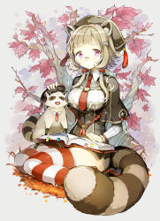 &gt;_&lt; 1girl animal_ears blush book breasts brown_hair capelet closed_eyes cocorip glasses hair_ornament hairclip hat highres leaf long_hair long_sleeves looking_at_viewer low_twintails necktie original pink_eyes raccoon raccoon_ears raccoon_tail red_necktie rimless_eyewear sitting solo striped_clothes striped_thighhighs tail tassel thighhighs tree twintails wariza rating:Sensitive score:6 user:danbooru