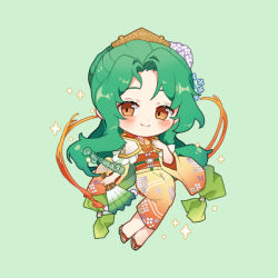  1girl blush chibi chibi_only closed_mouth commentary elincia_ridell_crimea elincia_ridell_crimea_(hoshidan_summer) english_commentary fire_emblem fire_emblem:_radiant_dawn fire_emblem_heroes green_background green_hair hand_fan holding holding_fan japanese_clothes kimono kyousa38 long_hair long_sleeves looking_at_viewer nintendo official_alternate_costume orange_eyes orange_kimono smile solo twitter_username wide_sleeves 
