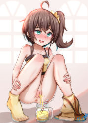  1girl absurdres ahoge anus aqua_eyes bare_shoulders belly blue_eyes blush boppin bottomless breasts brown_hair camisole cleft_of_venus clothes_pull collarbone cup dot_nose drinking_glass drinking_straw ears_visible_through_hair facing_another female_focus frill_trim frills furrowed_brow hair_between_eyes hair_ornament highres holding_leg hololive ice ice_cube knees_together_feet_apart legs_together loli looking_away medium_hair natsuiro_matsuri natsuiro_matsuri_(matsuri&#039;s_day_off) open_mouth pants pee peeing peeing_in_cup pussy scrunchie shadow short_shorts shorts shorts_around_one_leg shorts_pull unworn_shorts side_ponytail sidelocks small_breasts socks solo spread_legs squatting strap straw tongue uncensored virtual_youtuber water_drop wavy_mouth window yellow_camisole yellow_pants yellow_shorts yellow_socks  rating:Explicit score:332 user:GB8