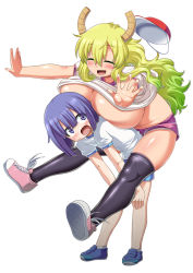 1boy 1girl bare_legs bare_shoulders baseball_cap blonde_hair breast_press breasts grabbing grabbing_from_behind gradient_hair gym_uniform happy hat heavy highres kobayashi-san_chi_no_maidragon large_breasts long_hair looking_at_another looking_back lucoa_(maidragon) magatsuchi_shouta multicolored_hair no_bra shiny_skin simple_background size_difference standing utamaro rating:Questionable score:59 user:fakyuh
