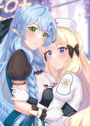  2girls absurdres alternate_costume arada_(corsair_zero) blonde_hair blue_archive blue_eyes blue_hair blue_wings blunt_bangs blurry bow braid breasts commentary_request cosplay costume_switch depth_of_field feathered_wings gloves green_eyes hair_bow hair_ribbon halo hat height_difference highres horie_yui hug juliet_sleeves large_breasts long_bangs long_hair long_sleeves looking_at_viewer medium_breasts mine_(blue_archive) mine_(blue_archive)_(cosplay) multicolored_hair multiple_girls nurse_cap outdoors parted_bangs pointy_ears ponytail princess_connect! puffy_sleeves ribbon saren_(princess_connect!) saren_(princess_connect!)_(cosplay) school_uniform scrunchie short_sleeves single_braid streaked_hair two-tone_hair voice_actor_connection wavy_hair white_gloves wings wrist_scrunchie 