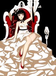  1girl black_hair bleach chair dress formal gloves gun hat high_heels highres marmaladica necktie red_footwear red_upholstery shoes sitting sui-feng suit weapon white_dress  rating:Sensitive score:13 user:resfd333