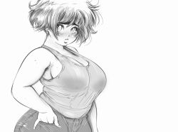 1girl armpit_hair bare_shoulders blush breasts cleavage commentary greyscale hand_in_pocket highres large_breasts looking_at_viewer monochrome no_bra original pants plump retro_artstyle short_hair sideboob solo strap_gap sweat symbol-only_commentary tank_top thick_eyebrows yves_bigerel rating:Sensitive score:55 user:danbooru