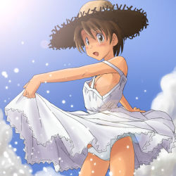  1girl blue_sky blush breasts brown_eyes brown_hair clothes_lift cloud cloudy_sky cowboy_shot day dress dress_lift fujimoto_atsuko hat lens_flare lielos looking_at_viewer nipples no_bra open_mouth original outstretched_arms panties pantyshot short_hair sky small_breasts smile solo splashing standing sun_hat sundress tan tanline underwear white_dress white_panties 