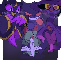  absurdres banette colored_sclera creatures_(company) game_freak gats_(nougats) gen_1_pokemon gen_3_pokemon gen_4_pokemon gengar ghost green_hair hair_over_one_eye highres kirlia mega_banette mega_pokemon mismagius nintendo pokemon pokemon_(creature) purple_sclera red_eyes slit_pupils sound_effects sweat teeth tongue tongue_out yellow_sclera 