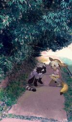  2girls animal_ears bad_id bad_twitter_id black_gloves black_hair black_skirt blonde_hair boots commentary_request common_raccoon_(kemono_friends) day extra_ears face_down fennec_(kemono_friends) fox_ears fox_tail full_body gloves grass grey_hair highres inactive_account jmeysan kemono_friends looking_at_another multicolored_hair multiple_girls open_mouth outdoors path photo_background pink_shirt pleated_skirt purple_shirt raccoon_ears raccoon_tail road shirt short_hair short_sleeves sitting skirt smile striped_tail tail tree tree_shade white_hair white_skirt 
