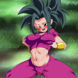  1girl bar_censor big_hair black_eyes black_hair blush grabbing_another&#039;s_breast breasts cameltoe censored cleft_of_venus dragon_ball dragon_ball_super earrings embarrassed female_focus full-face_blush grabbing groin hip_focus jewelry kefla_(dragon_ball) large_breasts legs looking_at_viewer navel open_mouth pussy_juice rom_(20) grabbing_own_breast simple_background solo spiked_hair standing thick_thighs thighs toned wet wet_clothes  rating:Explicit score:105 user:Ynyswydryn