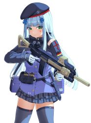  1girl bag bang255025 beret blue_hair blue_skirt blue_thighhighs blunt_bangs closed_mouth commentary cropped_legs girls&#039;_frontline gloves green_eyes gun hat highres hk416_(girls&#039;_frontline) holding holding_gun holding_weapon long_hair long_sleeves magazine_(weapon) shoulder_bag simple_background skirt solo standing submachine_gun thighhighs weapon white_background 