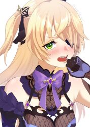  1girl bare_shoulders blonde_hair blush bow bowtie breasts eyepatch fischl_(genshin_impact) fishnets genshin_impact green_eyes hand_up highres long_hair looking_at_viewer one_side_up open_mouth purple_bow purple_bowtie simple_background small_breasts solo upper_body very_long_hair wagashi425 white_background 