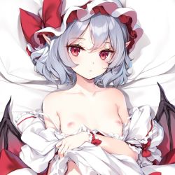 1girl bare_shoulders bat_wings bed_sheet black_wings blush bow breasts closed_mouth collarbone dress expressionless flat_chest frills hair_between_eyes hat hat_ribbon ke-ta loli looking_at_viewer lying mob_cap nipples off_shoulder on_back pointy_ears portrait puffy_sleeves red_bow red_eyes red_ribbon remilia_scarlet ribbon short_hair short_sleeves small_breasts solo strap_slip touhou upper_body wings wrist_cuffs rating:Questionable score:102 user:danbooru