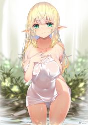  1girl absurdres blonde_hair blush breasts cleavage closed_mouth collarbone commentary covered_navel cowboy_shot elf english_commentary green_eyes hair_between_eyes hand_on_own_chest highres hong_(white_spider) large_breasts long_hair looking_at_viewer naked_towel original outdoors pointy_ears signature smile solo standing towel wading water wet  rating:Questionable score:69 user:danbooru